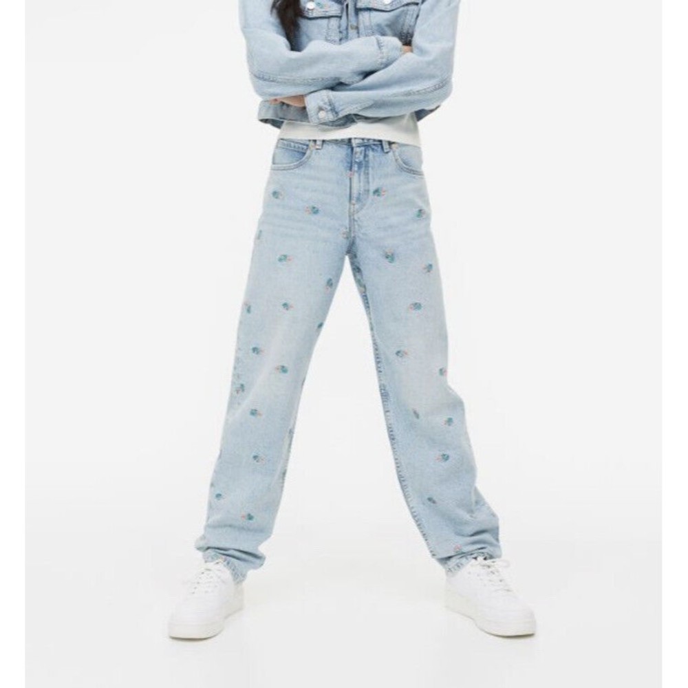 H&M Girls Retro Baggy Jeans With 14 Daisy Adjustable Waist Light Wash Denim